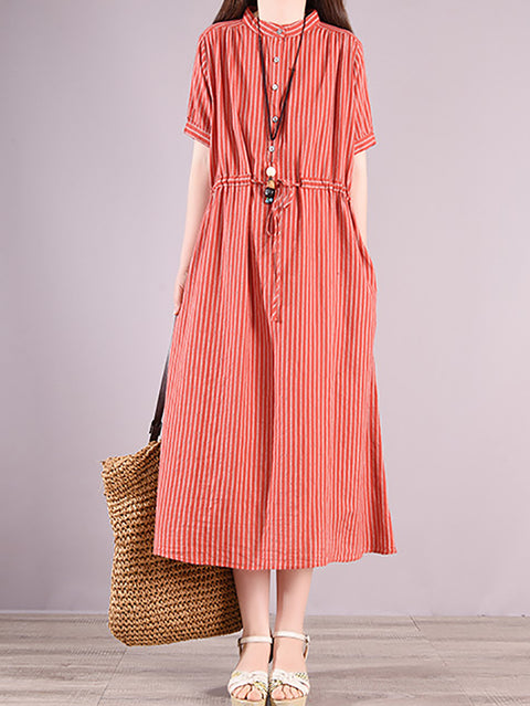 Women Summer Artsy Stripe Strand Collar Linen Dress