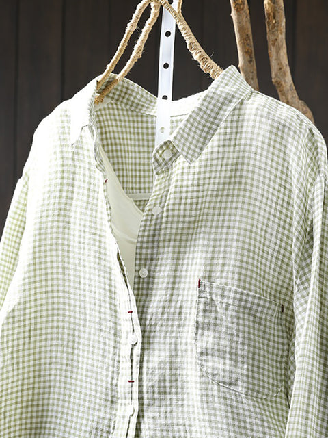 Women Artsy Lattice 100%Linen Turn-down Collar Shirt