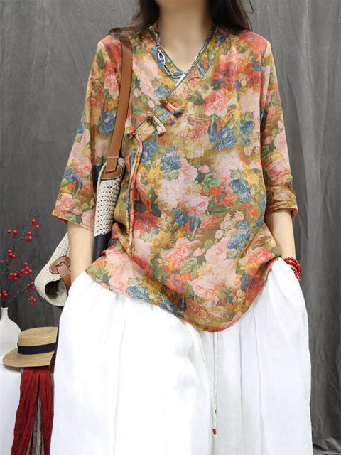 Women Spring Ethnic V-Neck Flower 100%Ramie Shirt