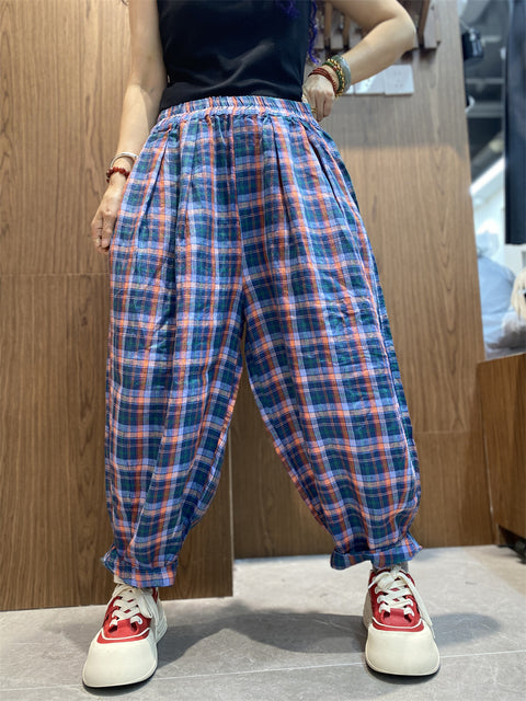 Women Vinage Spring Plaid Loose Harem Pants