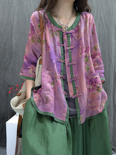 Women Ethnic Buttoned O-Neck Flower 100%Ramie Shirt