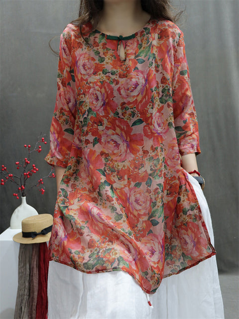 Women Spring Vintage O-Neck Flower 100%Ramie Shirt