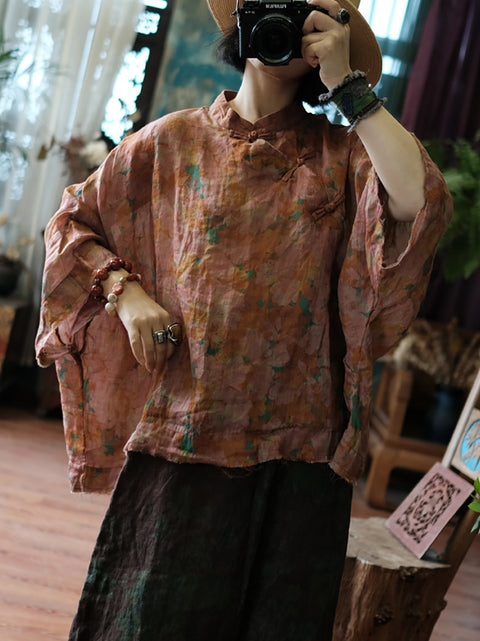 Women Spring Ethnic Batwing Sleeve Flower 100%Ramie Shirt