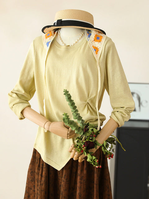 Women Spring O-Neck Pure Color Cotton Waist Fold Shirt