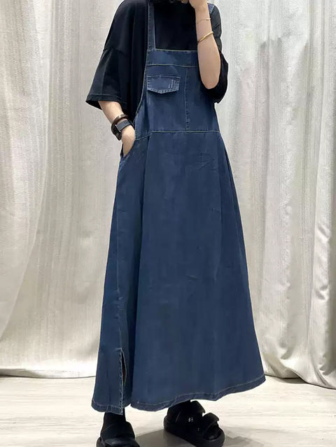 Women Spring Pure Color Denim Maxi Suspender Dress