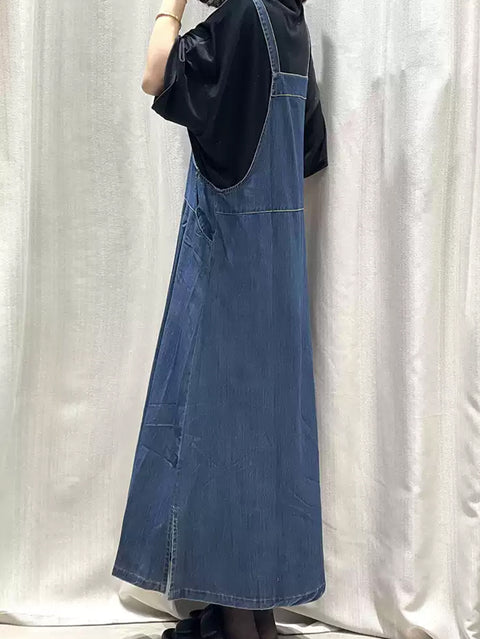 Women Spring Pure Color Denim Maxi Suspender Dress