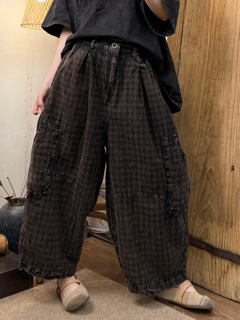 Women Vinage Spring Plaid Loose Cotton Wide-leg Pants