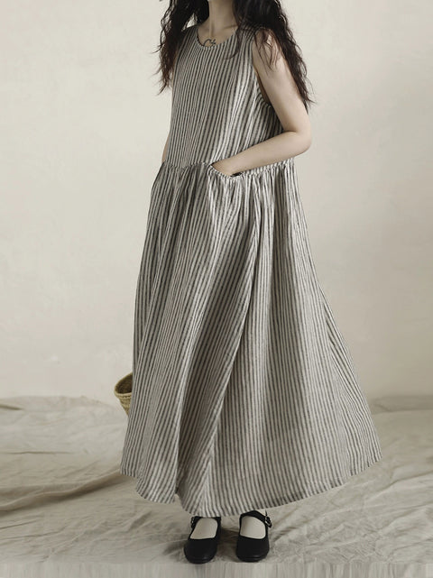 Women Spring Artsy Stripe 100%Linen Vest Maxi Dress