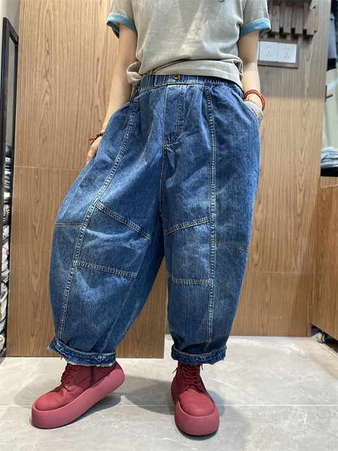 Women Vinage Pure Color Denim Spliced Harem Pants