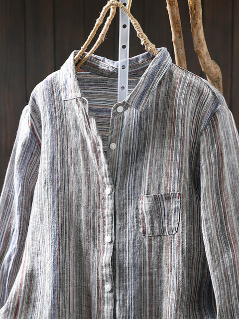 Women Artsy Stripe 100%Linen Turn-down Collar Shirt