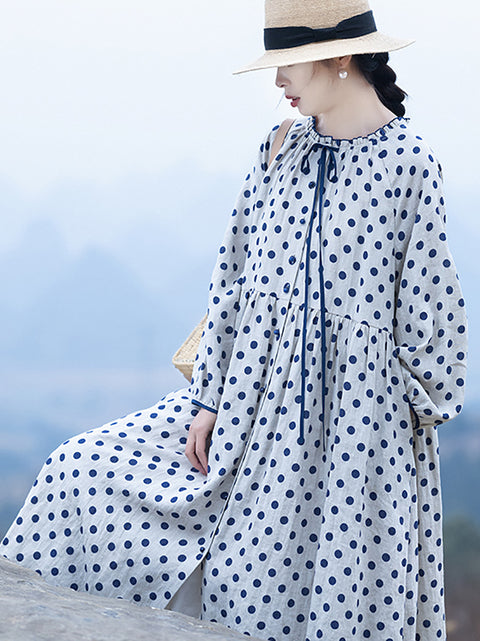 Women Artsy Spring Dot Lace Collar Linen Loose Dress