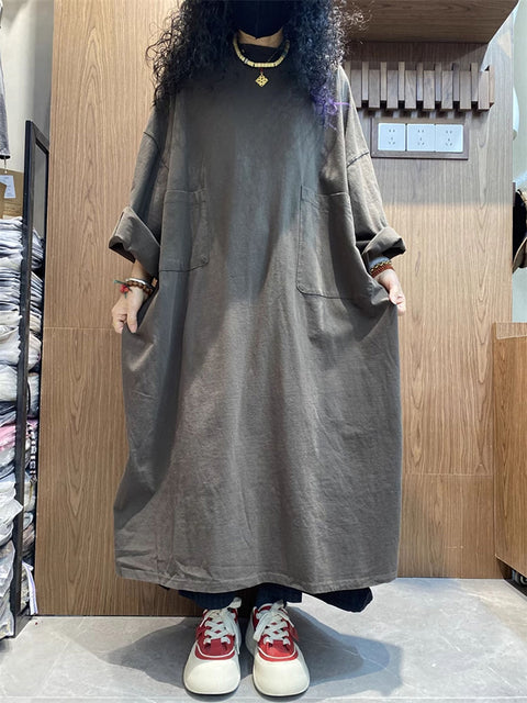 Women Spring Casual Pure Color O-Neck Loose Dress