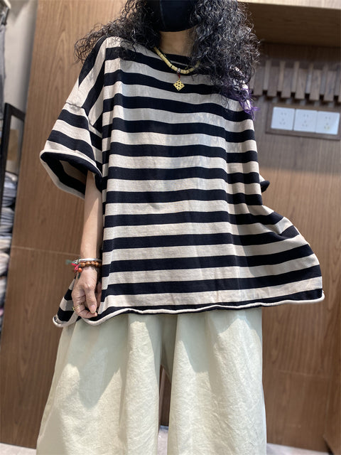 Women Summer Stripe Colorblock Cotton O-Neck Shirt