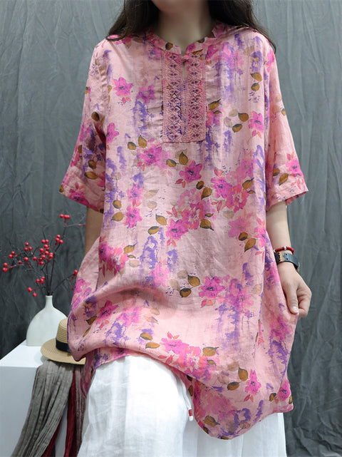 Women Artsy Flower Stand Collar 100%Ramie Shirt