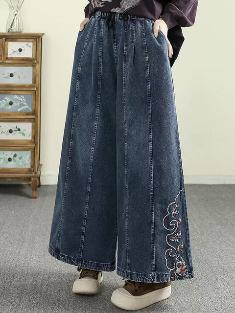 Women Vinage Embroidery Denim Wide-leg Pants