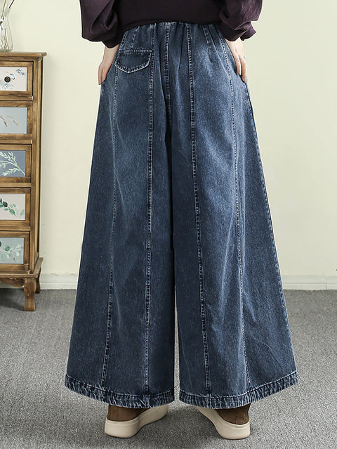 Women Vinage Embroidery Denim Wide-leg Pants