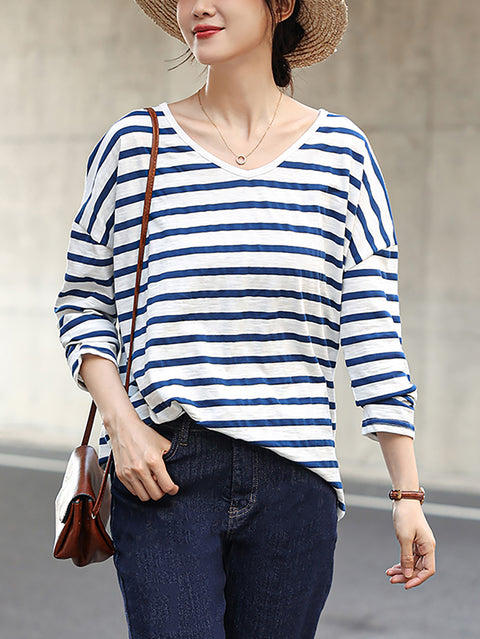 Women Summer Stripe 100%Cotton V-Neck Shirt