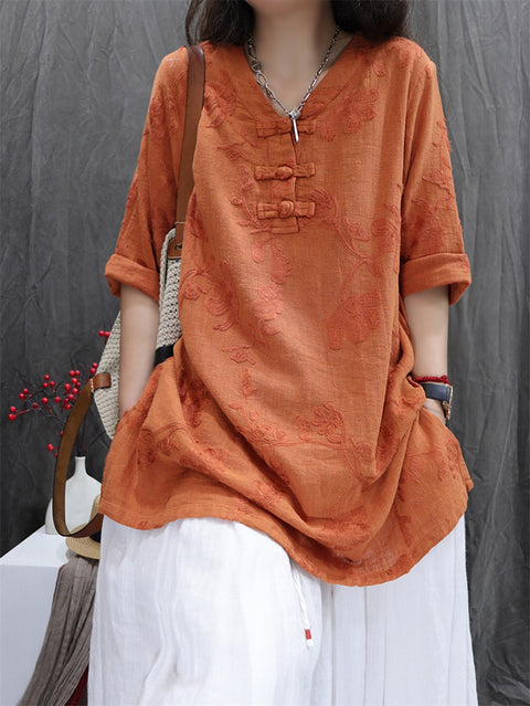 Women Retro Flower Jacquard V-Neck Cotton Linen Shirt