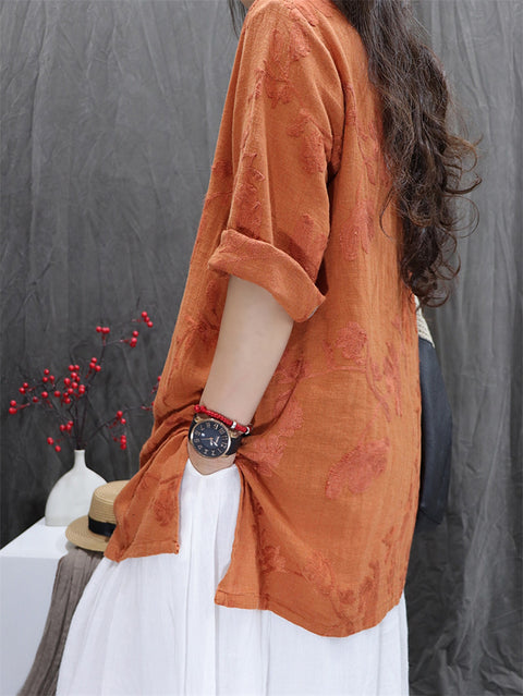 Women Retro Flower Jacquard V-Neck Cotton Linen Shirt