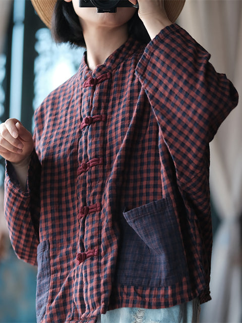 Women Spring Retro Plaid Colorblock Cotton Stand Collar Shirt