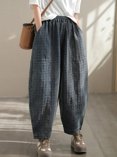 Women Spring Retro Plaid Denim Harem Pants