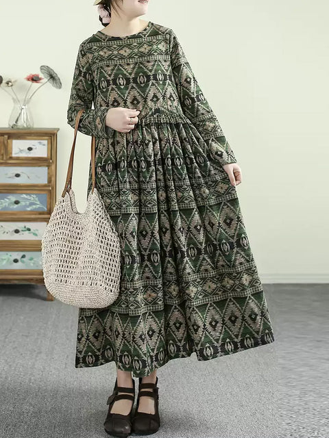 Women Spring Ethnic Print O-Neck Cotton Maxi Dress