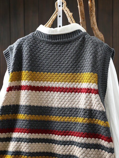 Women Spring Casual Colorblock Stripe O-Neck Knit Vest