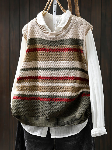 Women Spring Casual Colorblock Stripe O-Neck Knit Vest