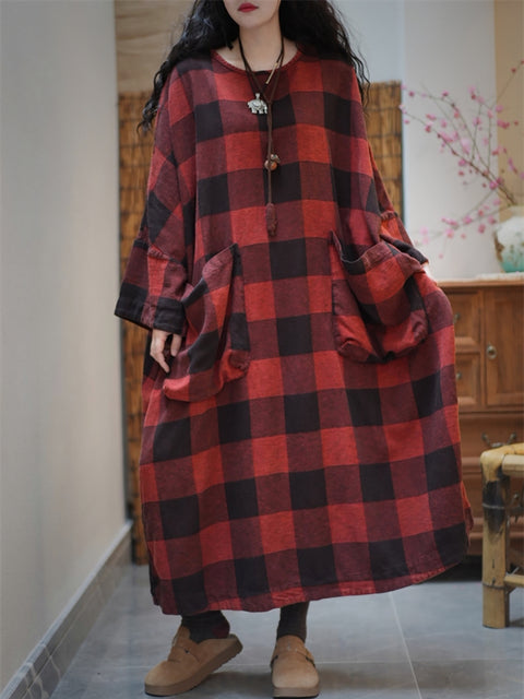 Women Spring Artsy Plaid O-Neck Cotton Maxi Dress