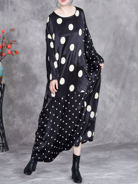 Women Spring Vintage Dot Spliced Loose Dress