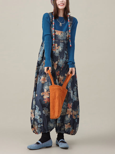 Women Summer Artsy Flower Denim Harem Jumpsuits