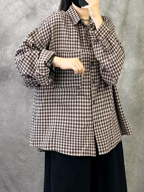 Women Summer Vintage Plaid Button Shirt