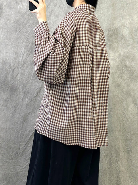 Women Summer Vintage Plaid Button Shirt