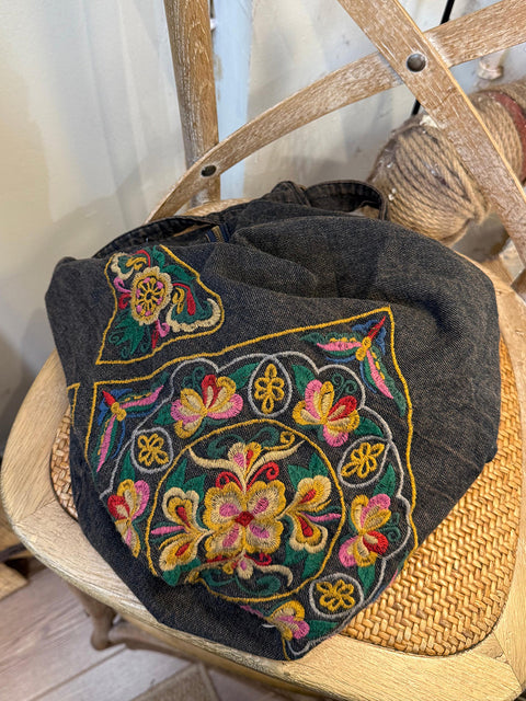 Summer Vintage Flower Embroidery Denim Crossbody Bag