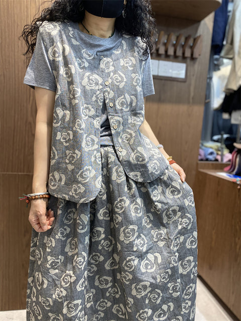 Women Spring Vintage Rose Gray Loose Suits