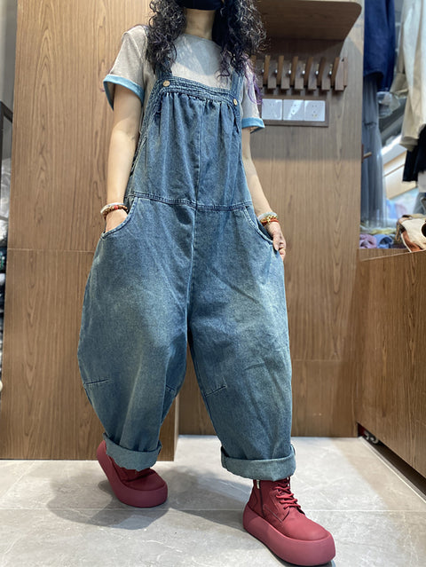 Women Summer Vintage Pure Color Denim Loose Jumpsuits