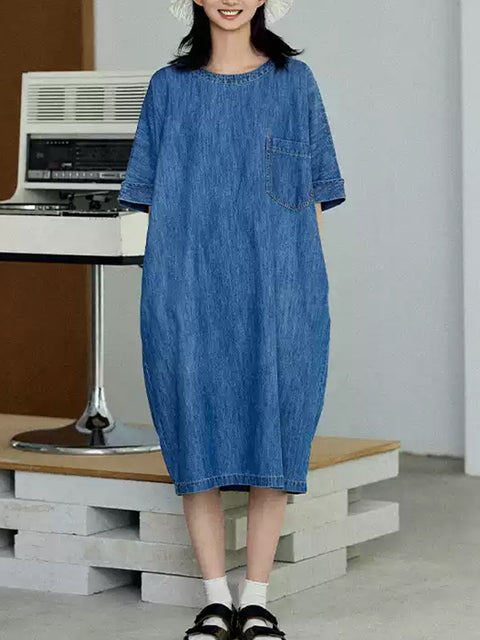 Women Summer Casual Pure Color Denim Dress