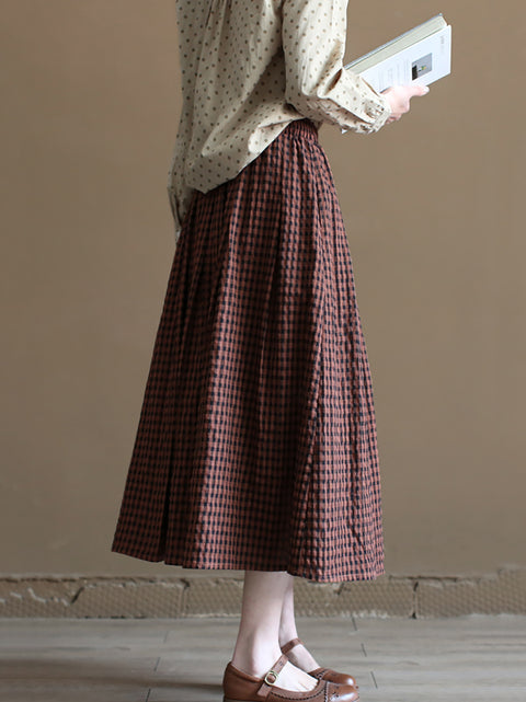 Women Summer Retro Plaid Loose 100%Cotton Skirt