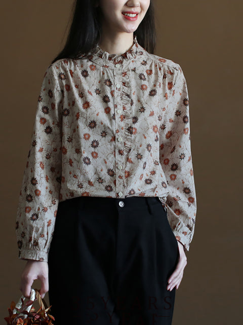 Women Spring Artsy Flower Button-up 100%Cotton Shirt