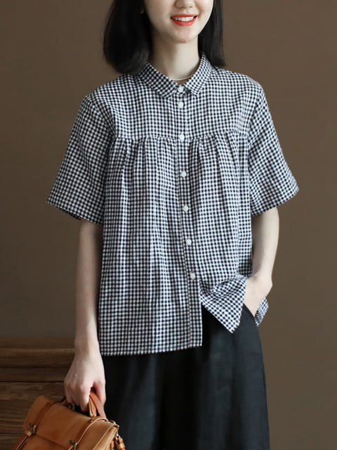 Women Summer Vintage Plaid Linen Cotton Button-up Shirt