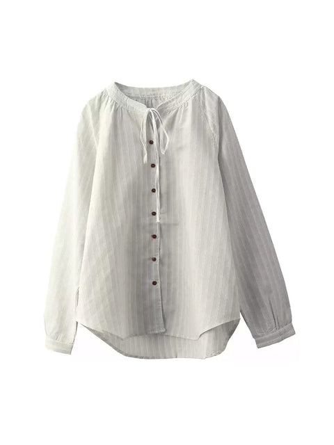 Women Spring Stripe 100%Cotton Stand Collar Shirt