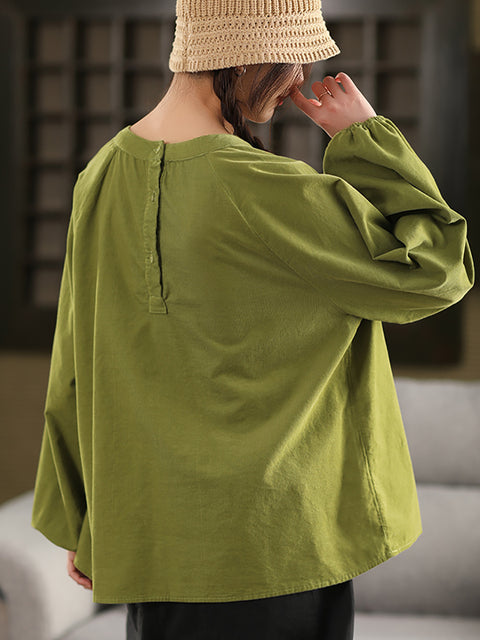 Women Spring Casual Pure Color O-Neck Corduroy Shirt