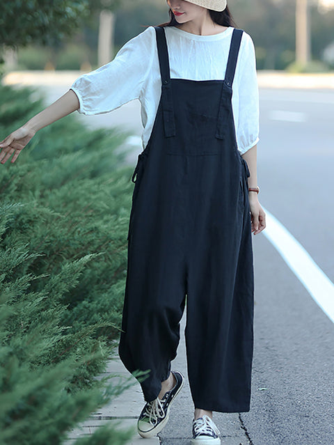 Women Summer Casual Pure Color Loose Jumpsuits