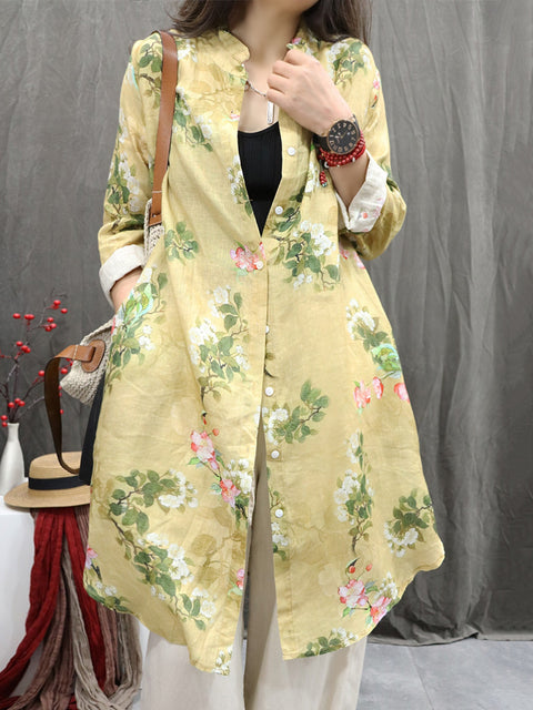 Women Vintage Flower Stand Collar 100%Linen Long Shirt