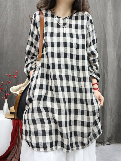 Women Vintage Plaid O-Neck 100%Linen Long Shirt