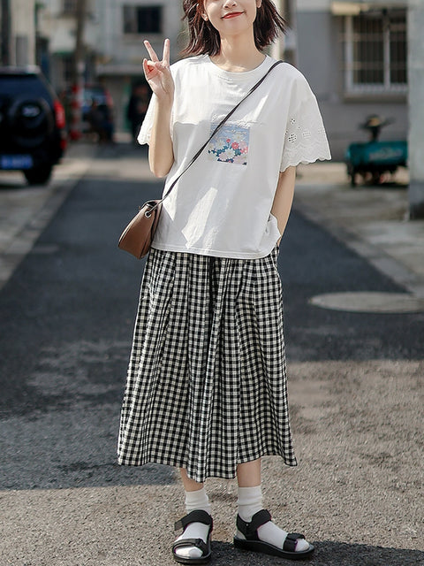 Women Summer Vintage Plaid Wide-leg Pants