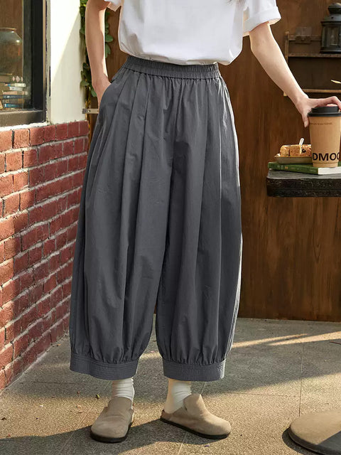 Women Spring Casual Pure Color 100%Cotton Wide-leg Pants