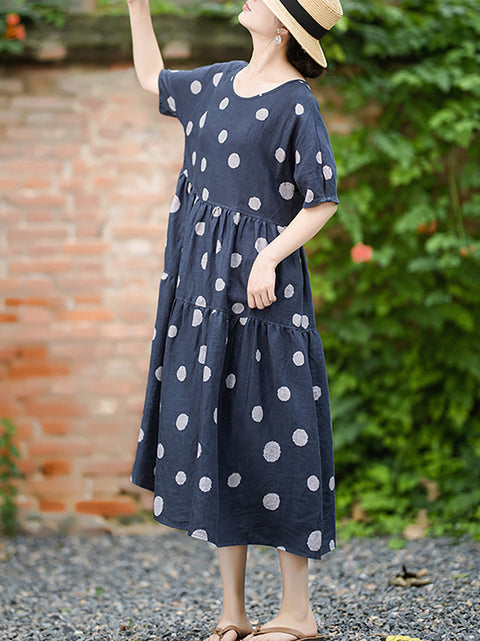 Women Summer Artsy Dot O-neck 100%Linen Dress