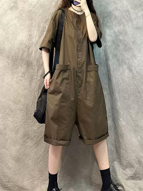 Women Summer Casual Pure Color Short Jumpsuits