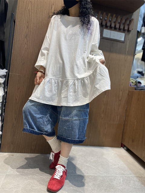 Women Spring Pure Color Ruffles Hem Cotton Shirt